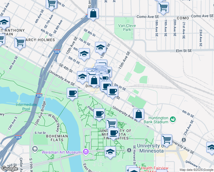 map of restaurants, bars, coffee shops, grocery stores, and more near 501 15th Avenue Southeast in Minneapolis