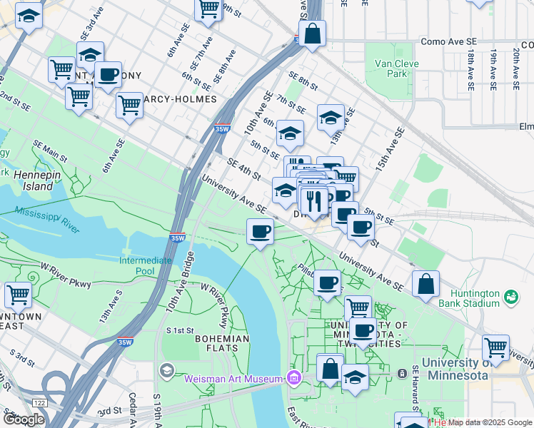 map of restaurants, bars, coffee shops, grocery stores, and more near 1219 University Avenue Southeast in Minneapolis