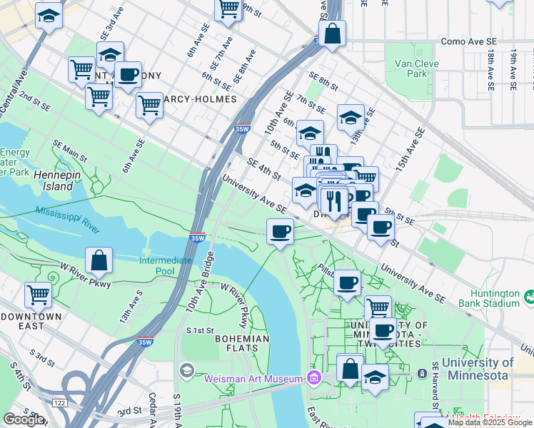 map of restaurants, bars, coffee shops, grocery stores, and more near in Minneapolis
