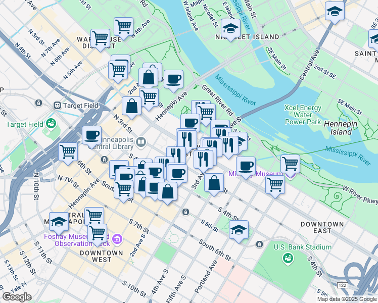 map of restaurants, bars, coffee shops, grocery stores, and more near 568 South Washington Avenue in Minneapolis