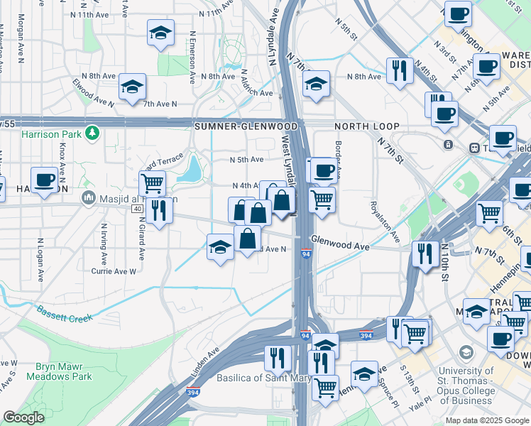 map of restaurants, bars, coffee shops, grocery stores, and more near 290 Market Street in Minneapolis