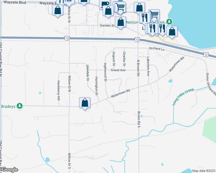 map of restaurants, bars, coffee shops, grocery stores, and more near 123 Inglewood Street in Long Lake