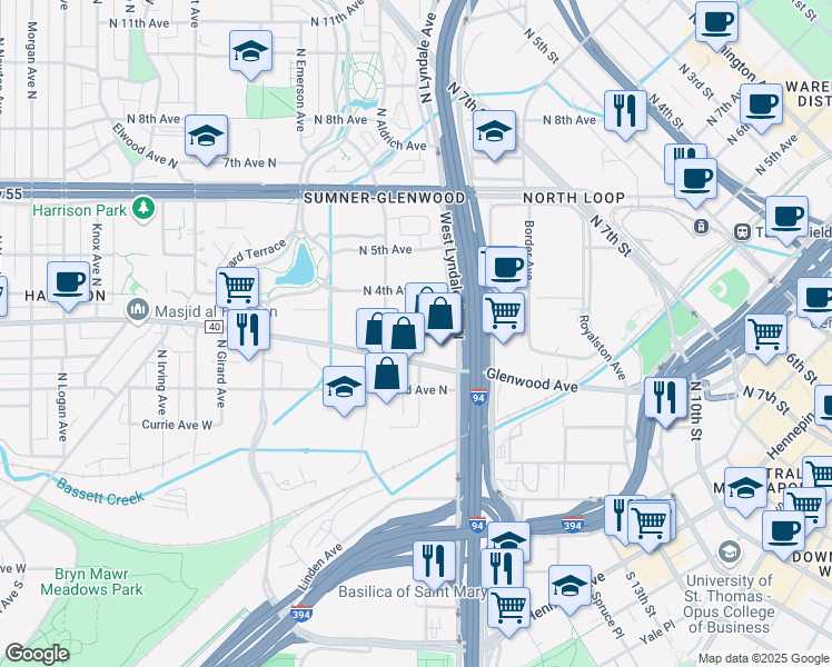 map of restaurants, bars, coffee shops, grocery stores, and more near 275 Market Street in Minneapolis