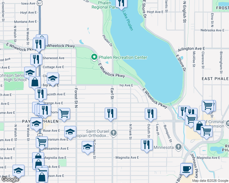 map of restaurants, bars, coffee shops, grocery stores, and more near 1298 Earl Street in Saint Paul