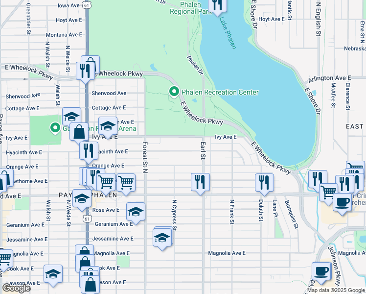 map of restaurants, bars, coffee shops, grocery stores, and more near 1033 Hyacinth Avenue East in Saint Paul