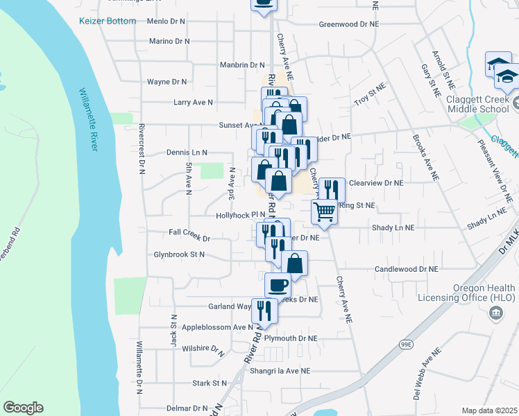 map of restaurants, bars, coffee shops, grocery stores, and more near 3785 River Road North in Keizer