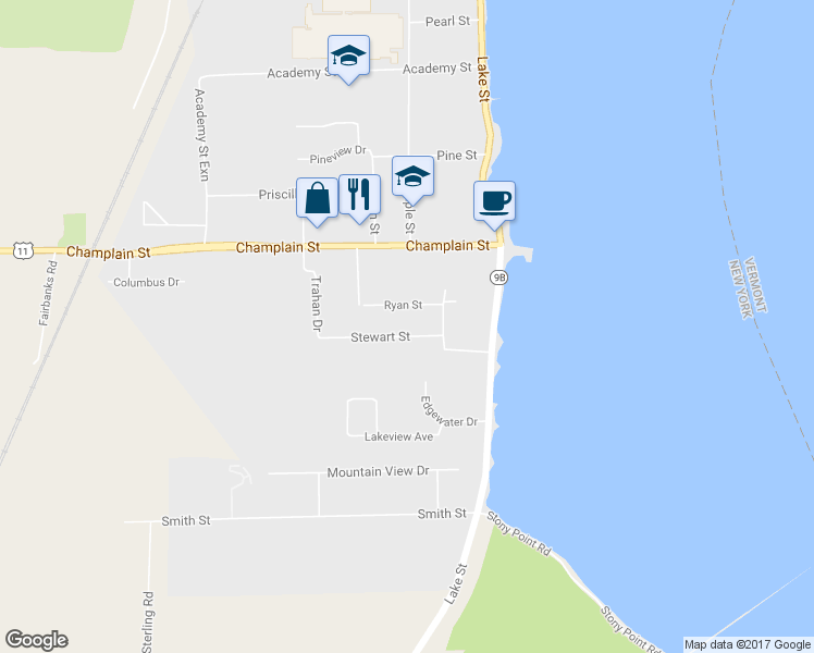 map of restaurants, bars, coffee shops, grocery stores, and more near 8 Stewart St in Rouses Point