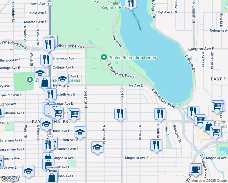 map of restaurants, bars, coffee shops, grocery stores, and more near 1033 Hyacinth Avenue East in Saint Paul