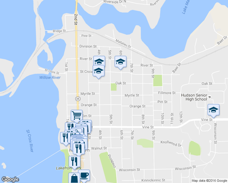 map of restaurants, bars, coffee shops, grocery stores, and more near 1008 5th Street in Hudson