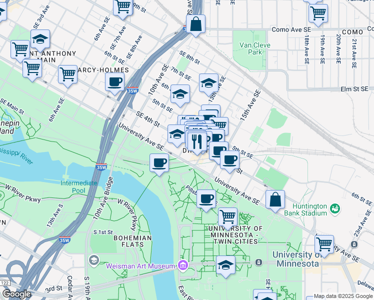 map of restaurants, bars, coffee shops, grocery stores, and more near 320 13th Avenue Southeast in Minneapolis
