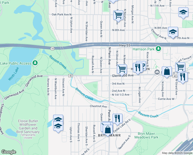 map of restaurants, bars, coffee shops, grocery stores, and more near 2319 Glenwood Avenue in Minneapolis
