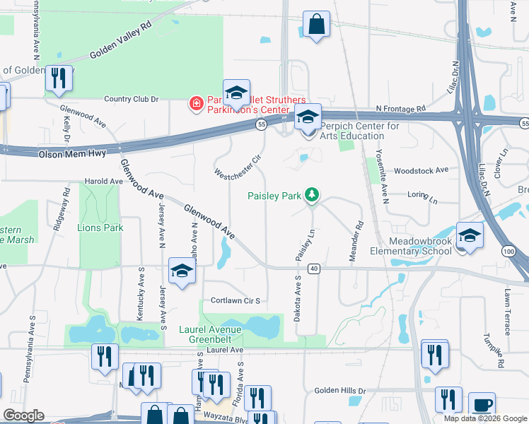 map of restaurants, bars, coffee shops, grocery stores, and more near 237 Edgewood Avenue North in Golden Valley