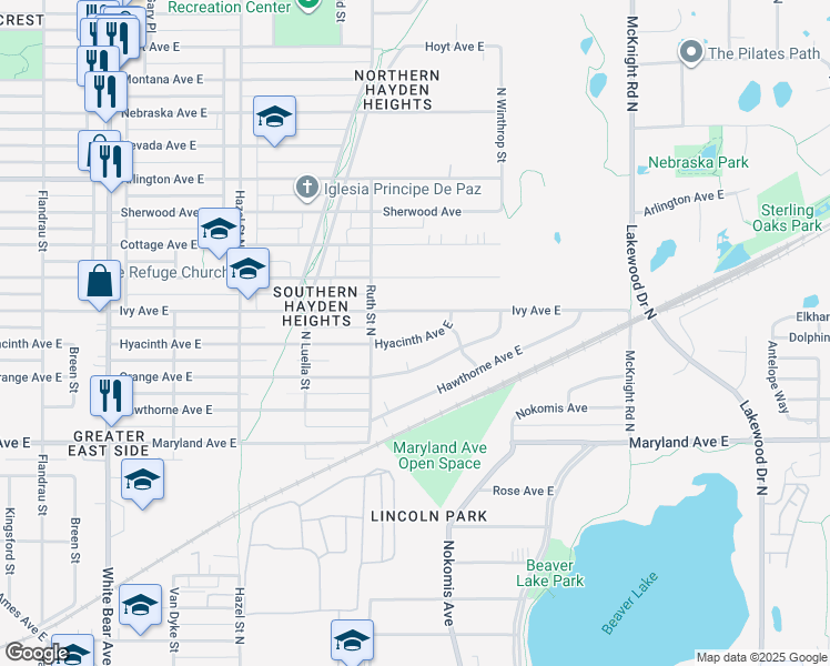 map of restaurants, bars, coffee shops, grocery stores, and more near 2061 Hyacinth Avenue East in Saint Paul