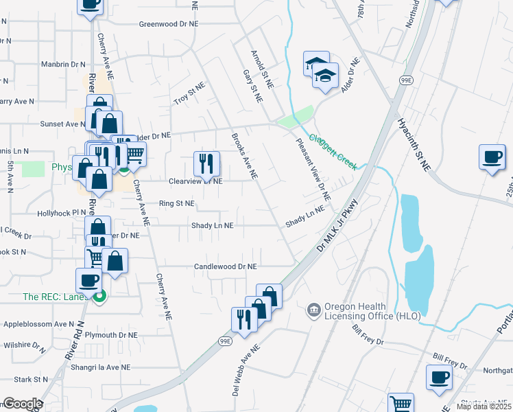 map of restaurants, bars, coffee shops, grocery stores, and more near 1377 Krysti Court Northeast in Keizer
