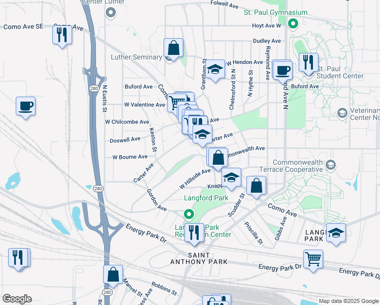 map of restaurants, bars, coffee shops, grocery stores, and more near 2237 Commonwealth Avenue in Saint Paul