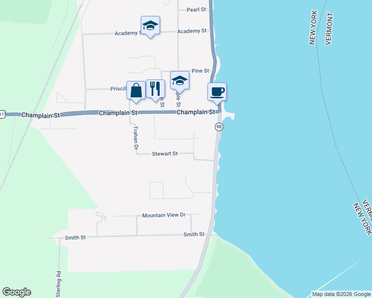 map of restaurants, bars, coffee shops, grocery stores, and more near 8 Stewart St in Rouses Point