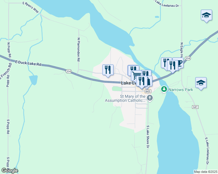 map of restaurants, bars, coffee shops, grocery stores, and more near Alley Street in Lake Leelanau