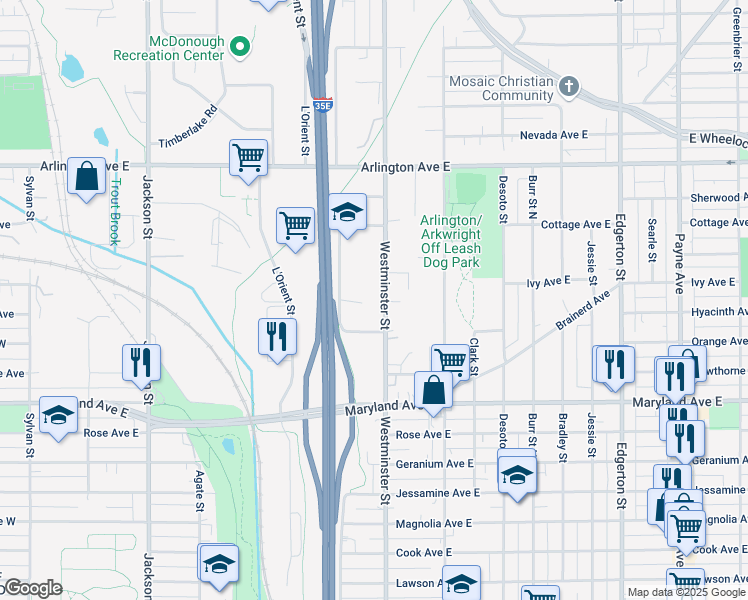 map of restaurants, bars, coffee shops, grocery stores, and more near 1313 Westminster Street in Saint Paul