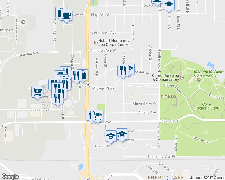 map of restaurants, bars, coffee shops, grocery stores, and more near 1496 Midway Parkway in Saint Paul