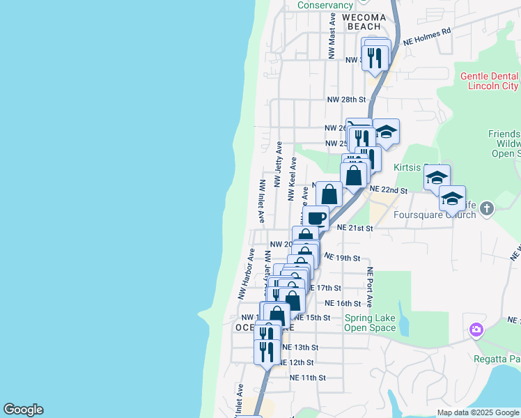 map of restaurants, bars, coffee shops, grocery stores, and more near 2138 Northwest Inlet Avenue in Lincoln City