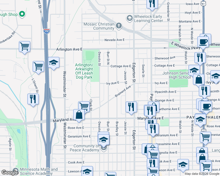 map of restaurants, bars, coffee shops, grocery stores, and more near 1308 Burr Street North in Saint Paul