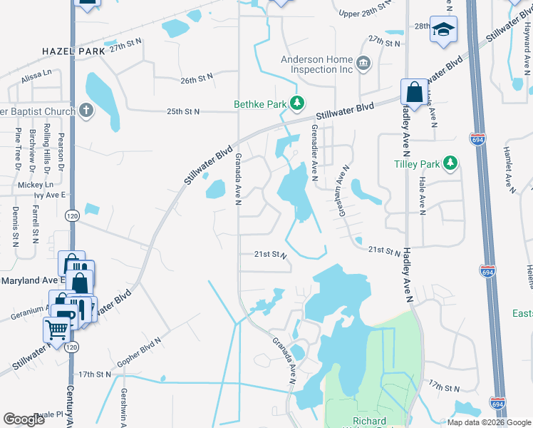 map of restaurants, bars, coffee shops, grocery stores, and more near 6567 Upper 22nd Street North in Saint Paul