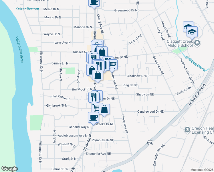map of restaurants, bars, coffee shops, grocery stores, and more near 3812 River Road North in Keizer