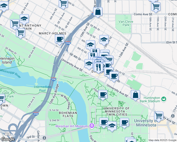 map of restaurants, bars, coffee shops, grocery stores, and more near 1219 University Avenue Southeast in Minneapolis