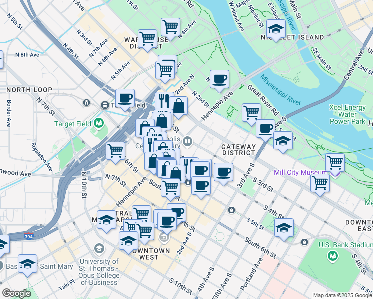 map of restaurants, bars, coffee shops, grocery stores, and more near 753 ameriprise financial Center in Minneapolis
