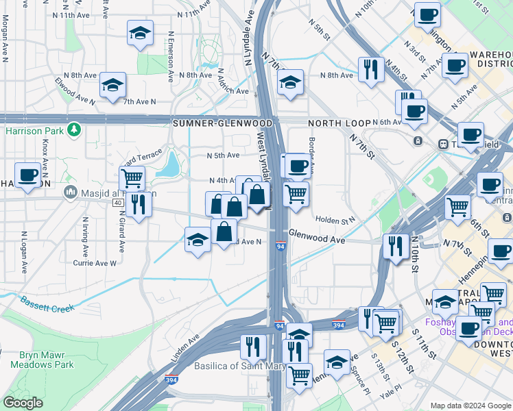 map of restaurants, bars, coffee shops, grocery stores, and more near 290 Market Street in Minneapolis