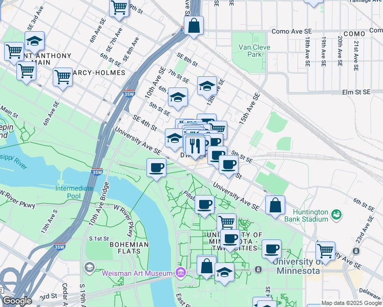 map of restaurants, bars, coffee shops, grocery stores, and more near 320 13th Avenue Southeast in Minneapolis
