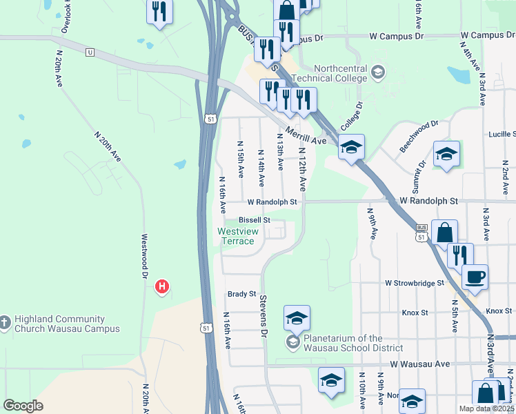 map of restaurants, bars, coffee shops, grocery stores, and more near 1341 North 14th Avenue in Wausau