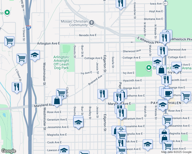 map of restaurants, bars, coffee shops, grocery stores, and more near 535 Brainerd Avenue in Saint Paul