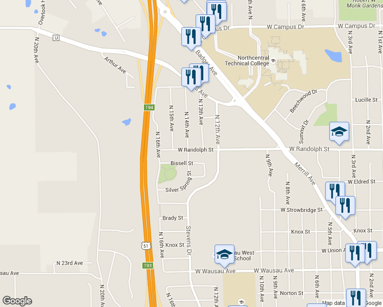 map of restaurants, bars, coffee shops, grocery stores, and more near 1341 North 14th Avenue in Wausau