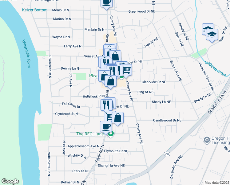map of restaurants, bars, coffee shops, grocery stores, and more near 3812 River Road North in Keizer