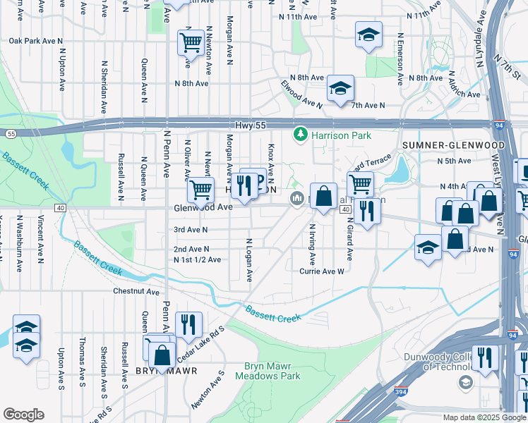 map of restaurants, bars, coffee shops, grocery stores, and more near 1707 Glenwood Avenue in Minneapolis