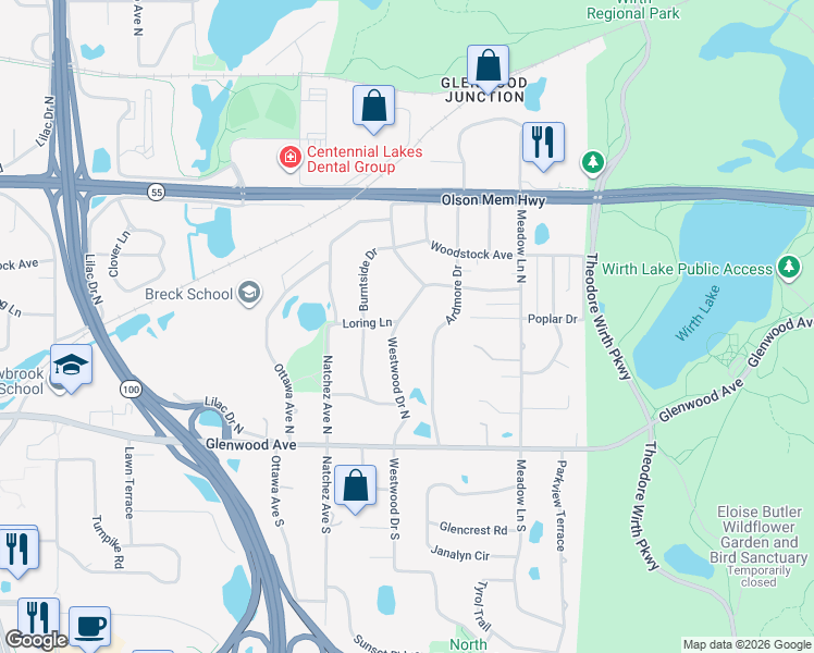 map of restaurants, bars, coffee shops, grocery stores, and more near 300 Westwood Drive North in Minneapolis