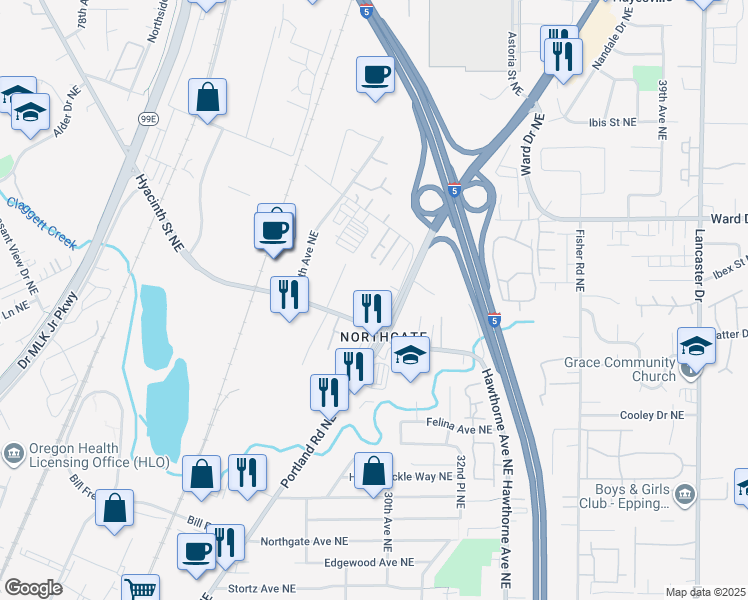 map of restaurants, bars, coffee shops, grocery stores, and more near 4265 Claxter Court Northeast in Salem