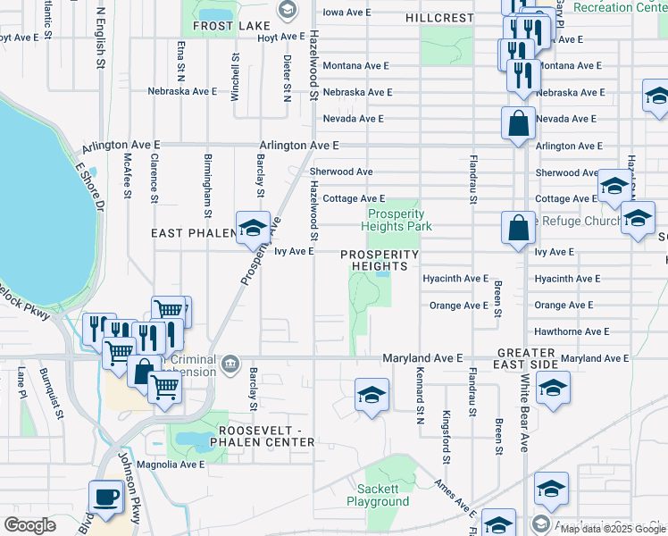 map of restaurants, bars, coffee shops, grocery stores, and more near 1566 Ivy Avenue East in Saint Paul