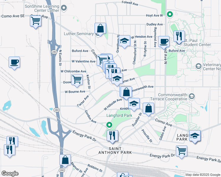 map of restaurants, bars, coffee shops, grocery stores, and more near 2237 Commonwealth Avenue in Saint Paul