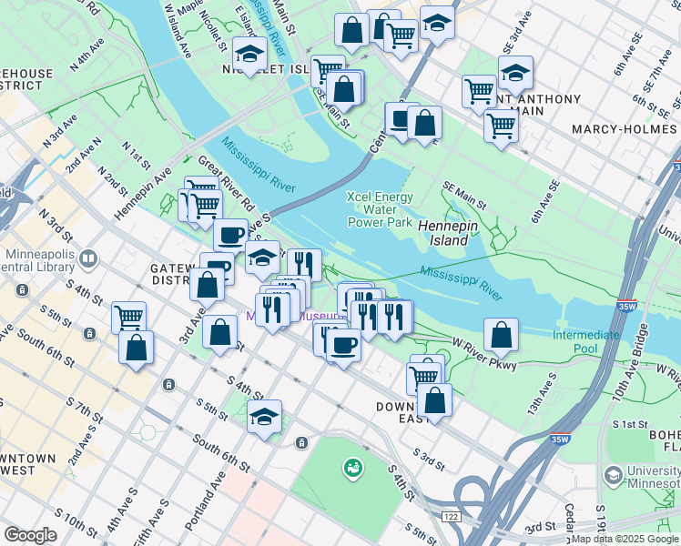 map of restaurants, bars, coffee shops, grocery stores, and more near 34 Portland Avenue South in Minneapolis