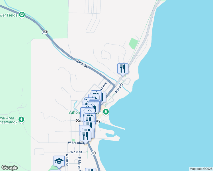 map of restaurants, bars, coffee shops, grocery stores, and more near 606 Saint Marys Avenue in Suttons Bay