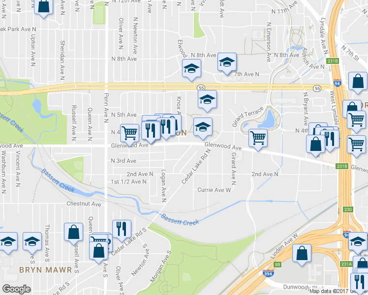 map of restaurants, bars, coffee shops, grocery stores, and more near 1611 Glenwood Avenue in Minneapolis