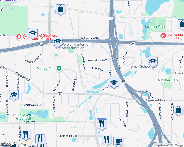 map of restaurants, bars, coffee shops, grocery stores, and more near 250 Yosemite Circle North in Minneapolis