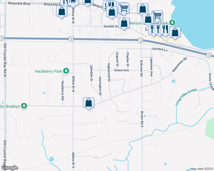 map of restaurants, bars, coffee shops, grocery stores, and more near 123 Inglewood Street in Long Lake