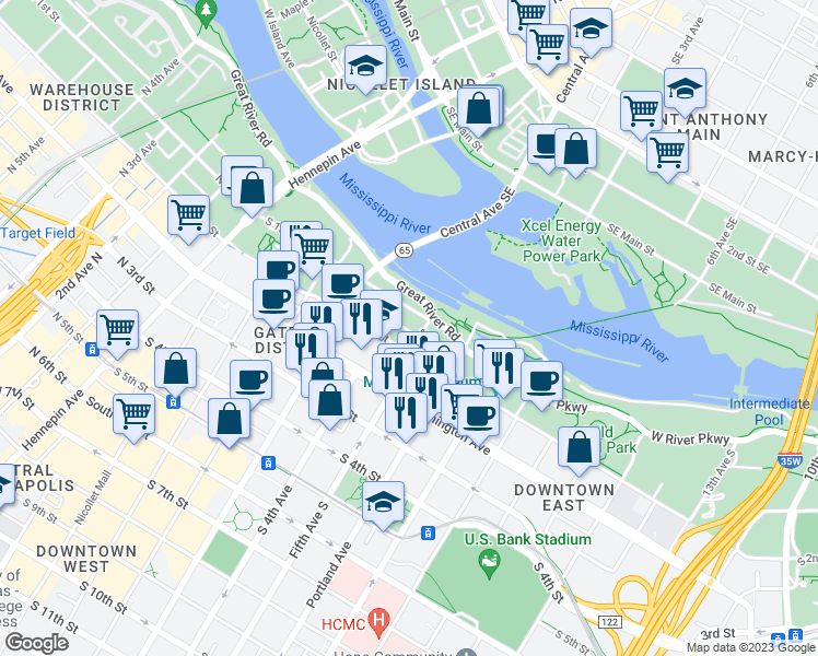 map of restaurants, bars, coffee shops, grocery stores, and more near 428 South 2nd Street in Minneapolis