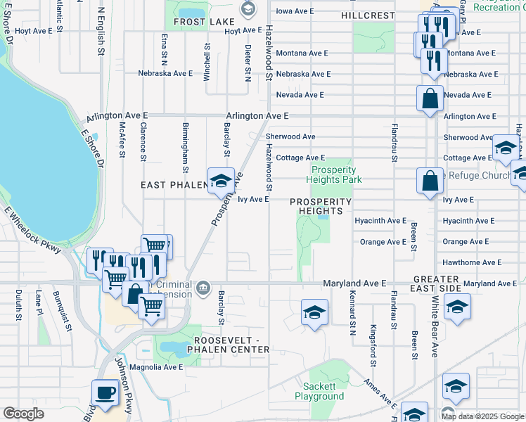 map of restaurants, bars, coffee shops, grocery stores, and more near 1303 Hazelwood Street in Saint Paul