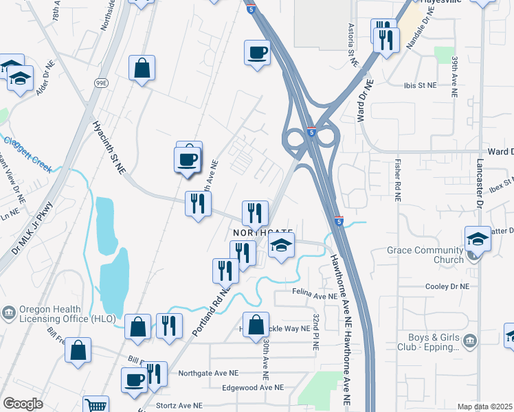 map of restaurants, bars, coffee shops, grocery stores, and more near 4265 Claxter Court Northeast in Salem