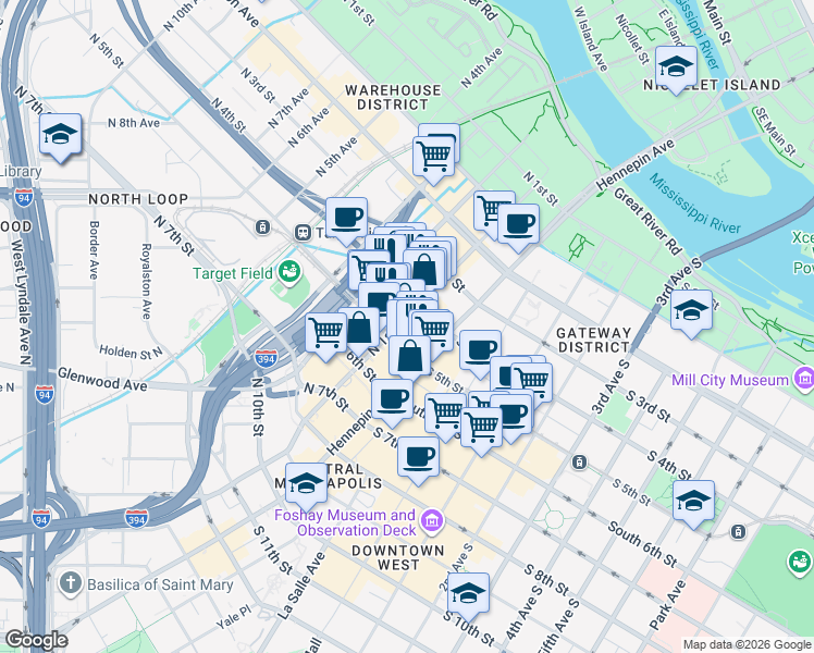 map of restaurants, bars, coffee shops, grocery stores, and more near 22 South 5th Street in Minneapolis