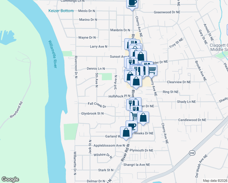 map of restaurants, bars, coffee shops, grocery stores, and more near 3775 3rd Avenue North in Keizer